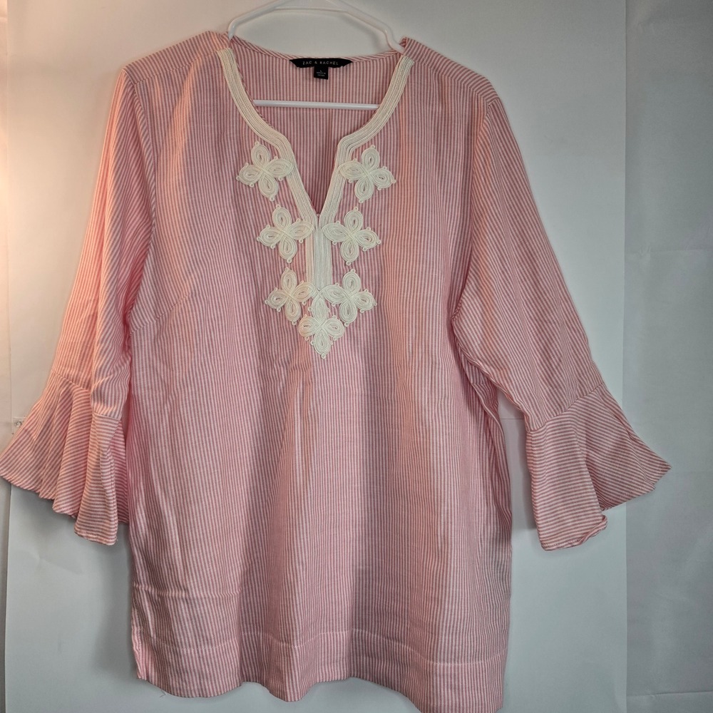 Zac & Rachel Pink White Striped Cotton Tunic Top Embroidered Split Neck Large
